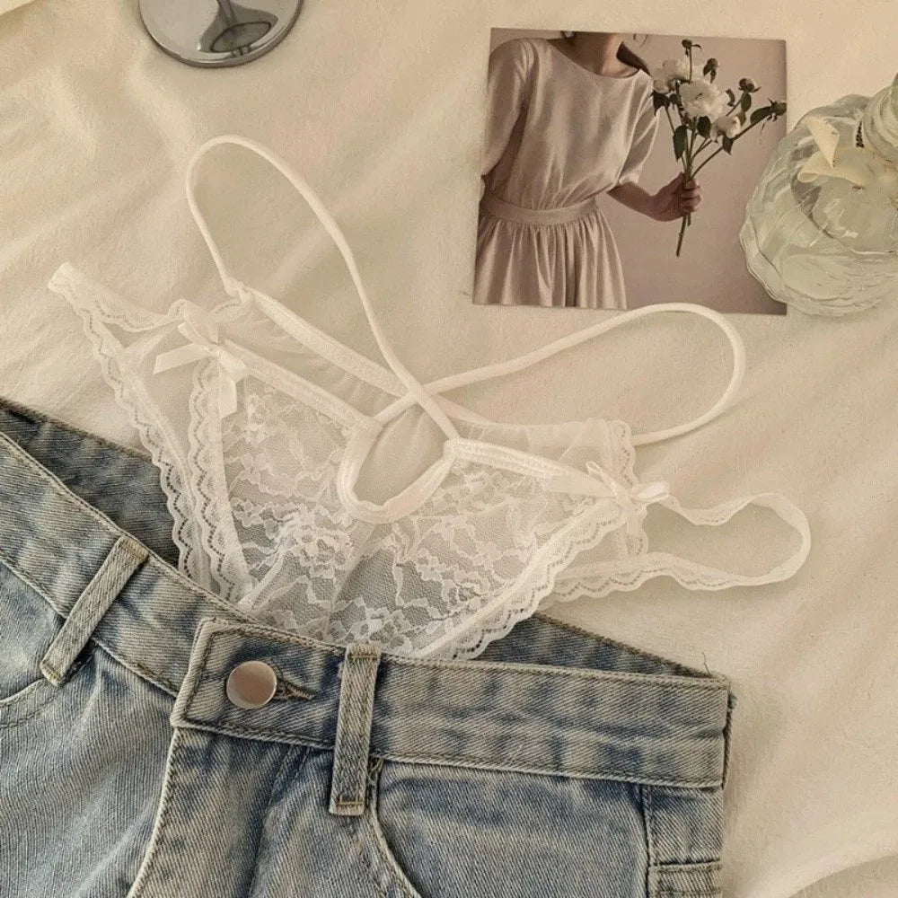 Lingerie Bow Lace Flower Panties Low Waist Hollow French Style Briefs Transparent Thin Strap Lace Mesh Briefs Gifts