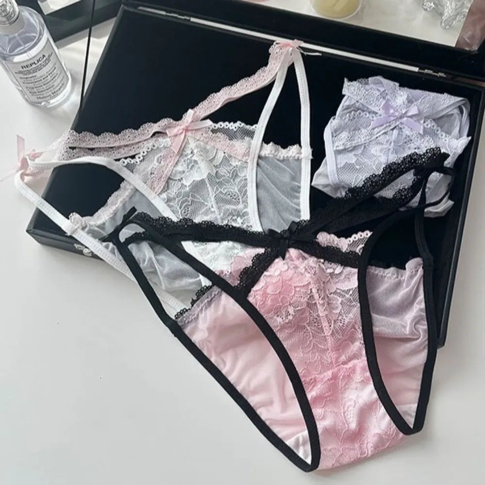 Lingerie Bow Lace Flower Panties Seamless Mid Waist French Style Briefs Hollow Transparent Lace Mesh Briefs Lady