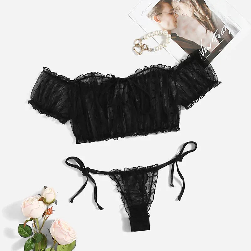 Women Lingerie Set Sexy Bra And Panty Sets Off Shoulder Bralette Fashion Strapless Lingerie Ruffles Female Transparent Underwear