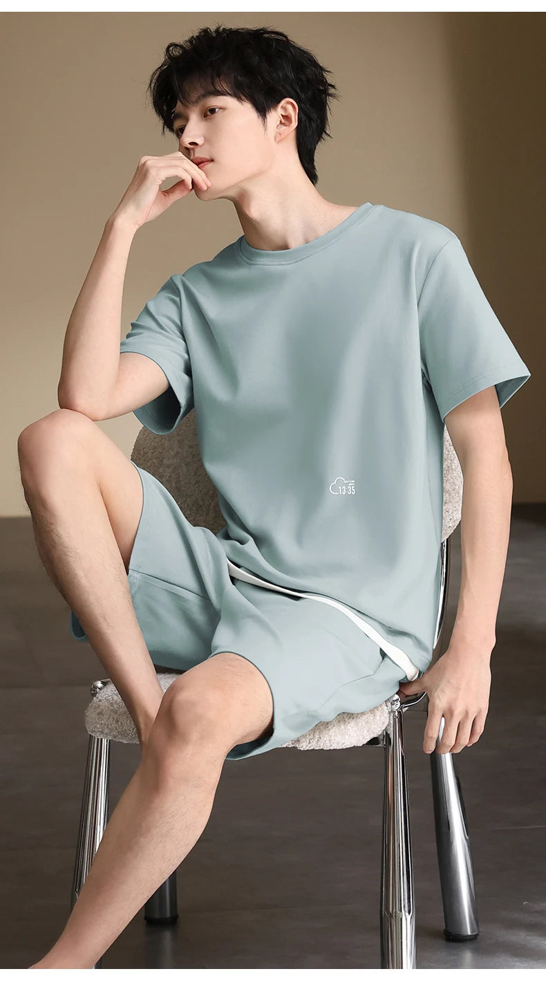 Pyjamas Male Full Pure Cotton Fashion Men Short Sleeve Short Pants Pajamas Set 2 Piece/set Summer Pijama Hombre Home Lounge Gift