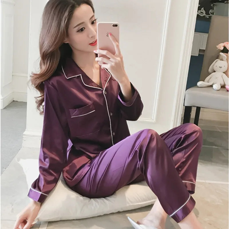 Pajamas Sets for Women 2025 Sexy Silk Women Pijama Sets Sleepwear Long-sleeve Cardigan Set Female Ice Silk Pyjamas Home Clothing
