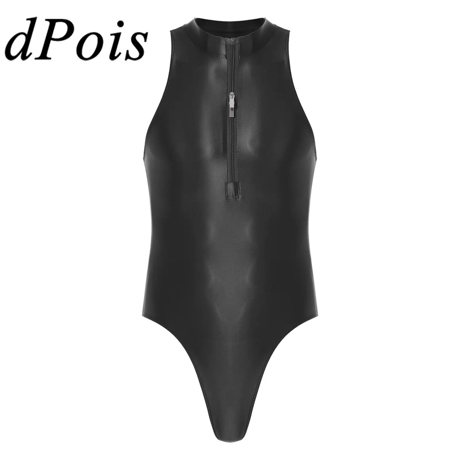 One-Piece Men's Swimsuit Glossy Sleeveless Bodysuit Swimwear Solid Color Front Leotard Hommes Bathing Suits Party Clubwear