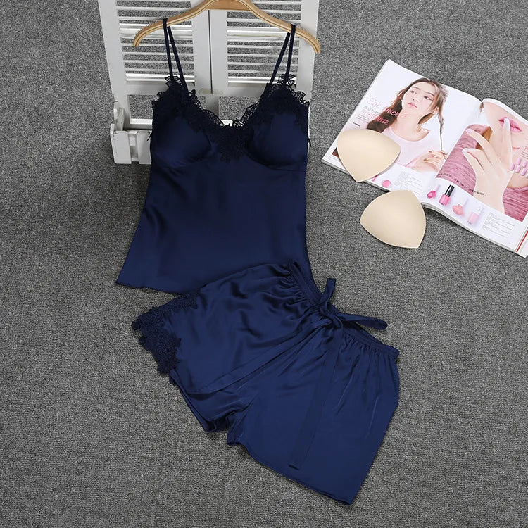 Lace Sleepwear Satin Cami&Shorts Suit Women 2 Pieces Sleep Set Sexy Deep V-Neck Nightwear Thin Home Clothes Lounge Lingerie