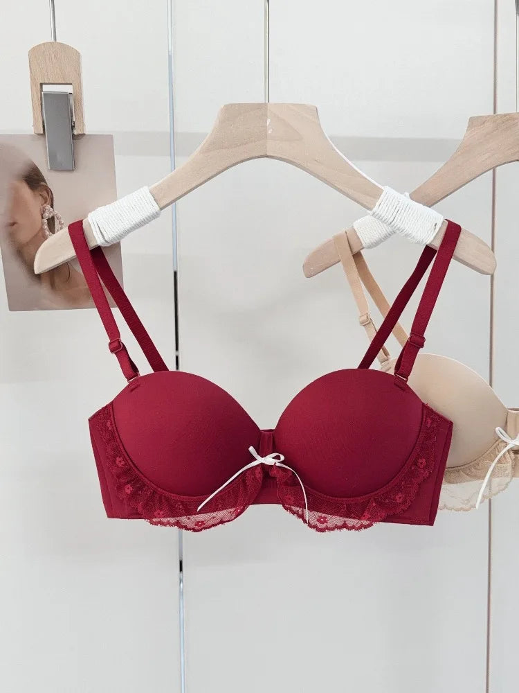 YEMOMO Red Half-Cup Lace Bra Set for Small Chests Adjustable Support Anti-Sagging Push Up Sexy Lingerie Set Women Birthday Gift