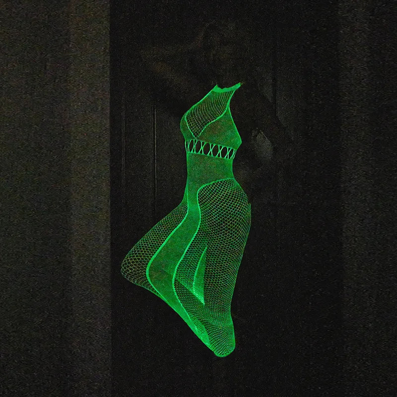 Erotic Miniskirt Tight Bodysuit Costumes Sexy Mesh Babydoll Dress Luminous Crotchless Bodystocking For Transparent Lingerie Set