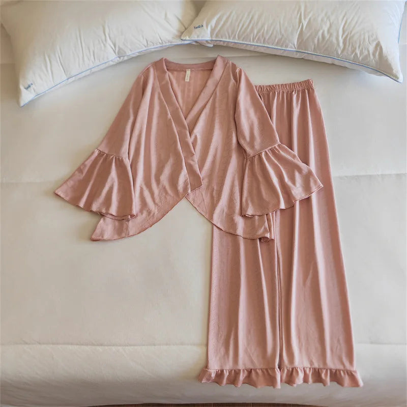 Pajama Set Woman New Chest Pad Sleepwear Ladies Night Wear Clothes Long Sleeve Trousers Suit Cotton Home Pijama De Mujer 3 Pcs
