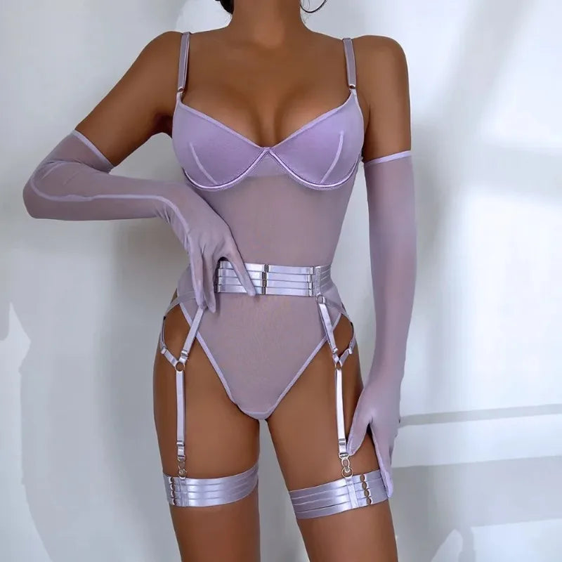 Sexy Sensual Lingerie Sets for Women See Through Mesh Lace Tight Bodysuit with Gloves Garter Exquisite Underwear Erotic Costumes