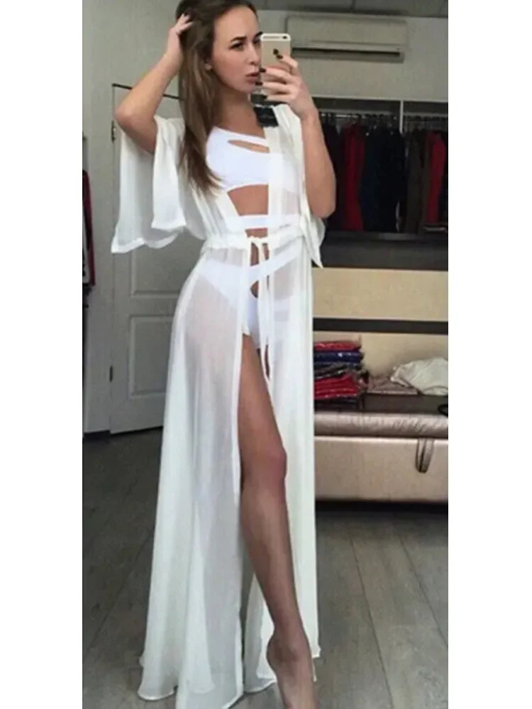 Women See Through Bikini Cover-ups Mesh Short Sleeve Cardigan Beach Dress Summer Sexy Swimwear Cover Ups