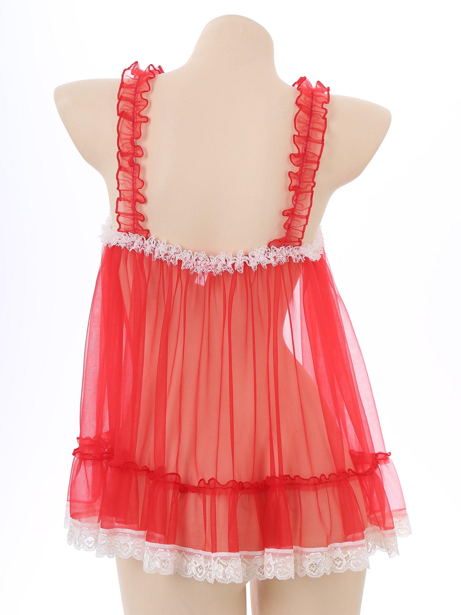 Womens Sexy See-Through Babydolls Sheer Mesh Top Ruffle Straps Bow Lace Trim Camisole Tops Lingerie Tempting Nightwear Clubwear