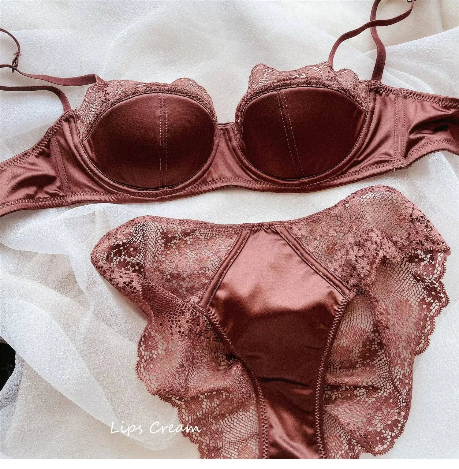 Elegant Sexy  Sheer Lace Balconette Minimizer Bra Set Underwire Push Up Anti-Sagging Side Support Bridal Lingerie for Big Bust