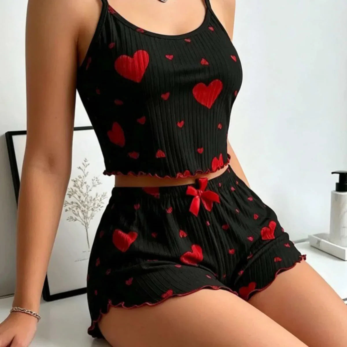 Women's Pajama Set Sexy Cute Kawaii Pajamas Women suspenders Sun-Tops Loungewear Set Shorts Y2K Lolita Heart Silk Sleepwear