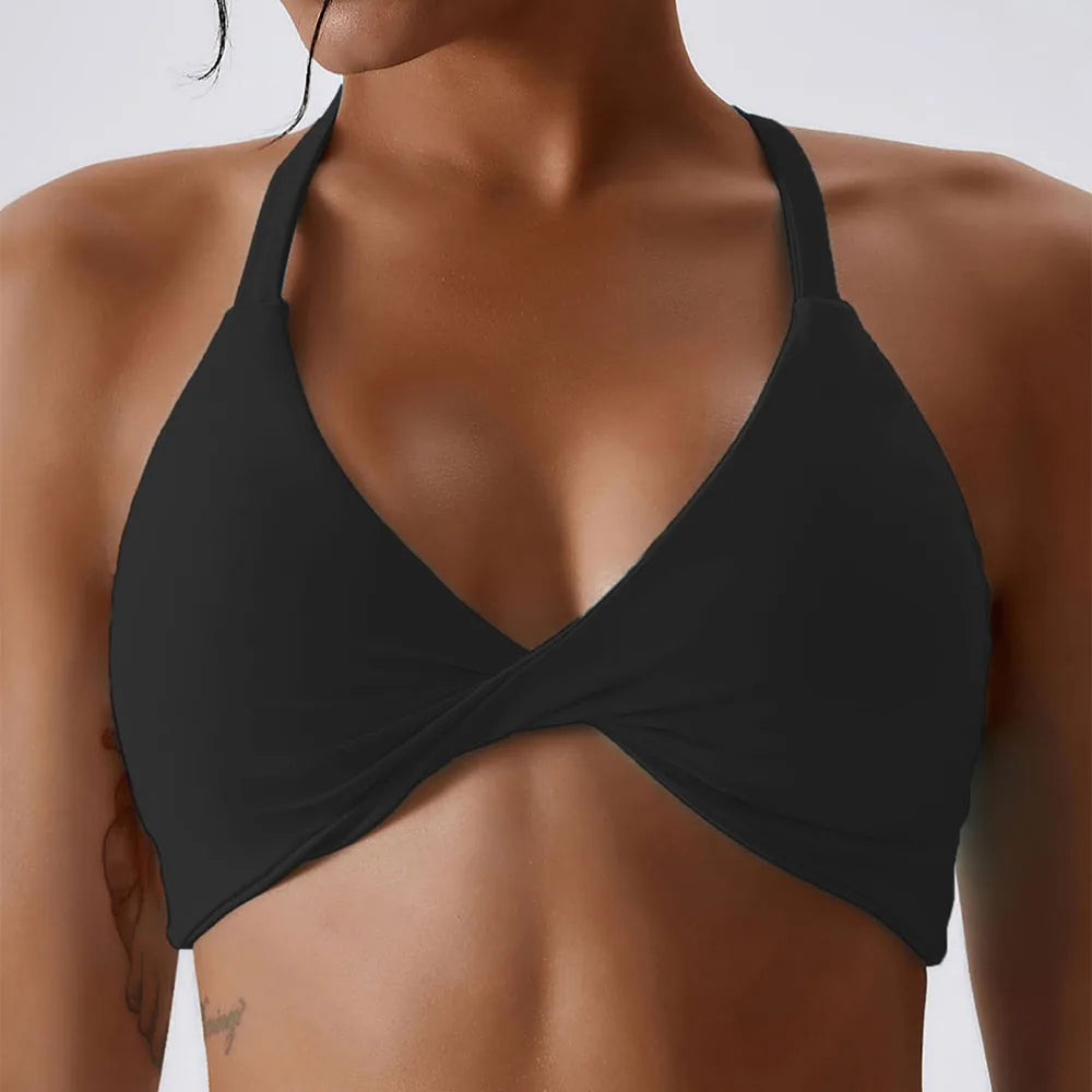 Anfilia Women Sports Bras Solid Halter Neck High Elastic With Removable Padded Gym Crisscross Strappy Back Yoga Running Tops