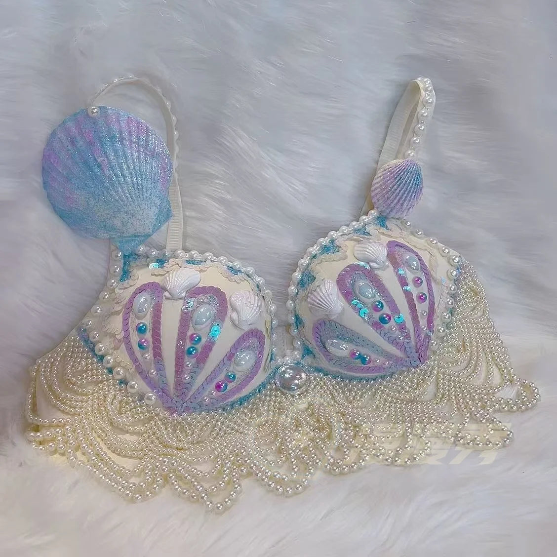 customized sparkling iridescent sequin shell bra pearl chain tassel pool party bra beach vacation pearl jacket belly dance bras