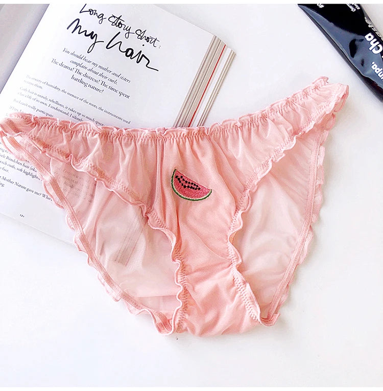Women Sexy Lace Lingerie Temptation Low-waist Panties Fruit Ins Embroidery Transparent Briefs Seamless Sweet Underwear