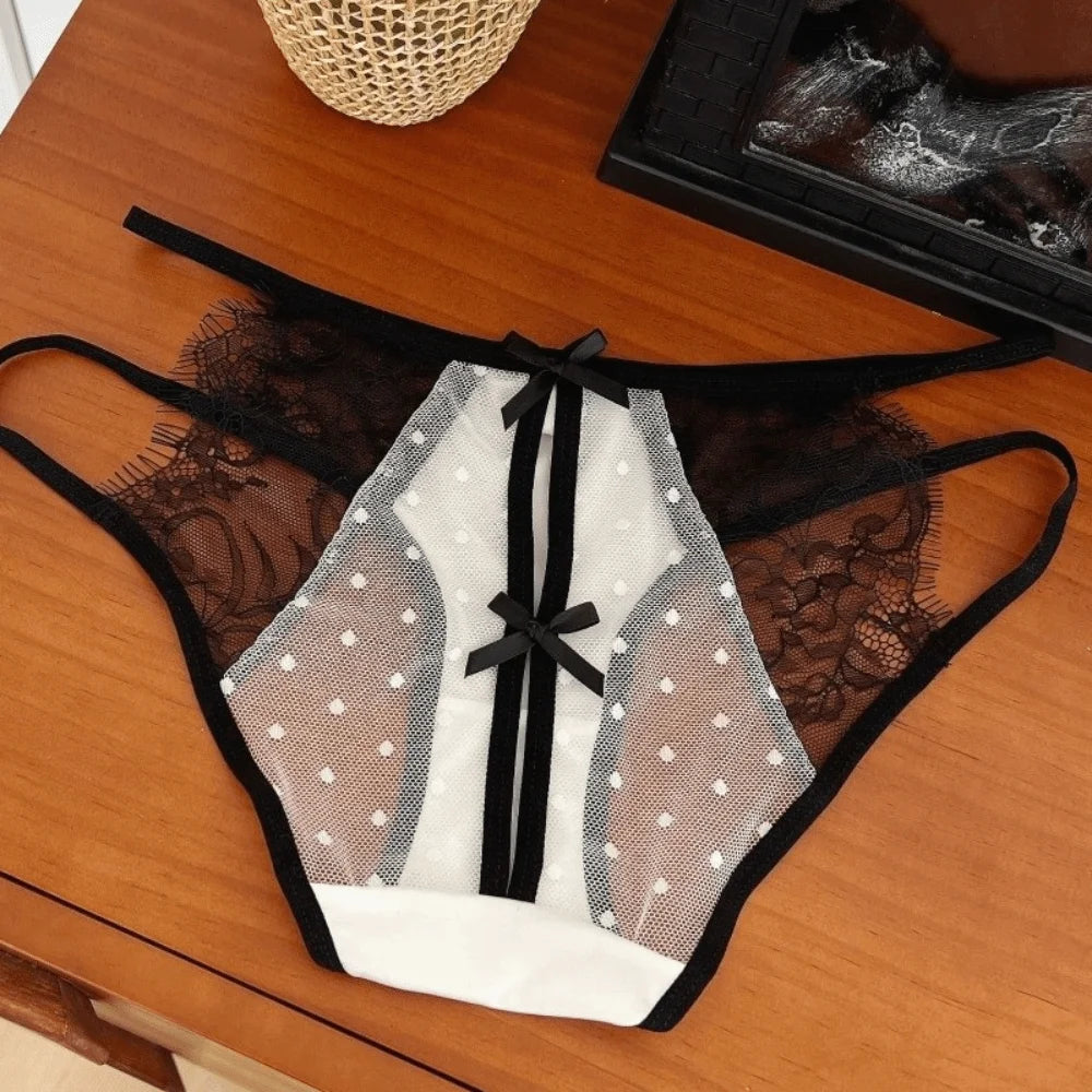 Lingerie Low Waist Underwear for Women Bow Transparent Sweet Lace Panties Hollow Mesh Satin Silk Briefs Girl