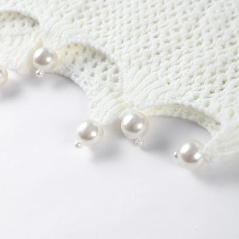 Sexy Crochet Hollow Out Pearl Skirt Set Women White Crop Bikini Tops Slim Hip Package Skirts 2026 Spring Lady Beach Outfits New