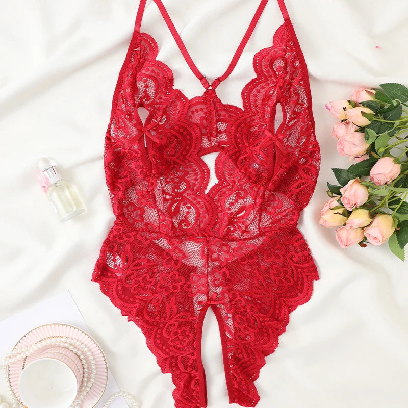 Hot Lingerie Sexy Deep V Crotchless Bodysuit Porno Underwear For Women Erotic Lace See Through Open Bra Teddy Babydoll Costumes