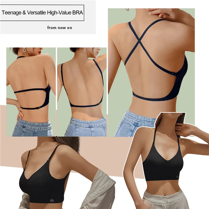 Women Invisible Bra Deep U Plunge Bras Backless Top for Dresses Sexy Lingerie with Transparent Strap Push Up Strapless Underwea