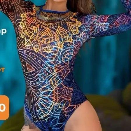 New Women's Fashionable and Sexy Printed Long Sleeved Swimsuit with Cup Cover Sun Protection Mesh Fabric One-piece Swimsuit
