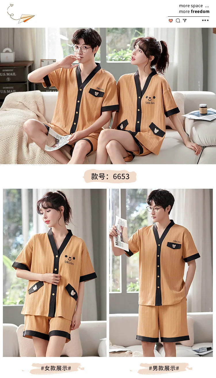 Summer Couple Pajamas Sets Cartoon Men Sleepwear Leisure Cotton Short Sleeve Women Kimono Homewear pijama Homme Mujer Dropship