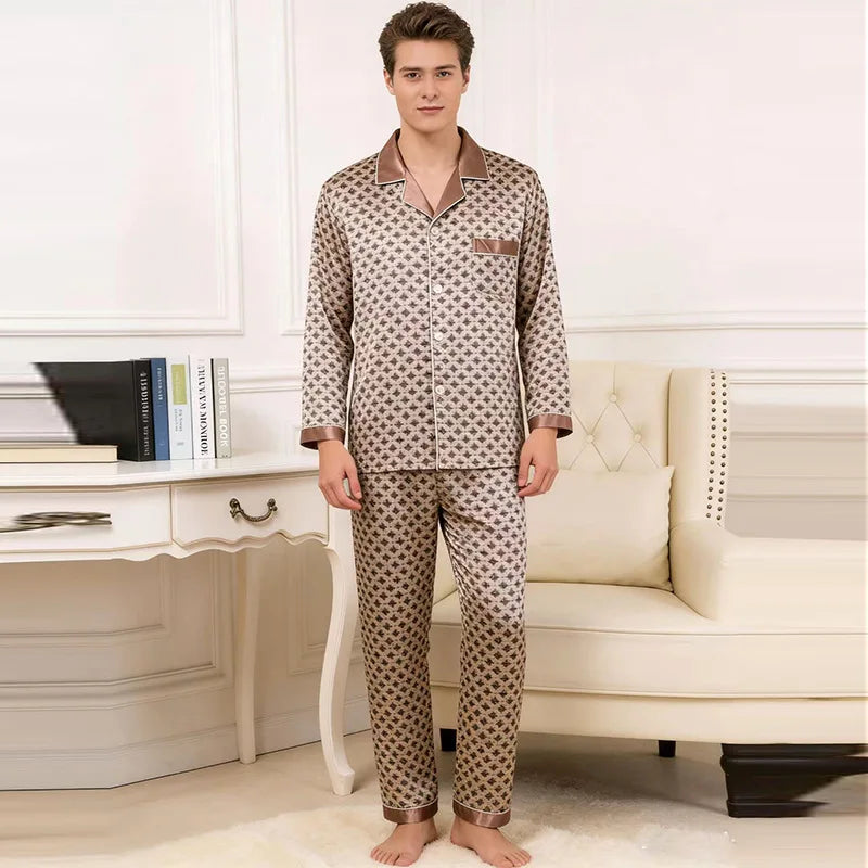 2PCS Men's Geometric Print Pajama Set Loungewear Spring New Thin Polyester Ice Silk Sleepwear Plus Size Homewear Pijamas Suit