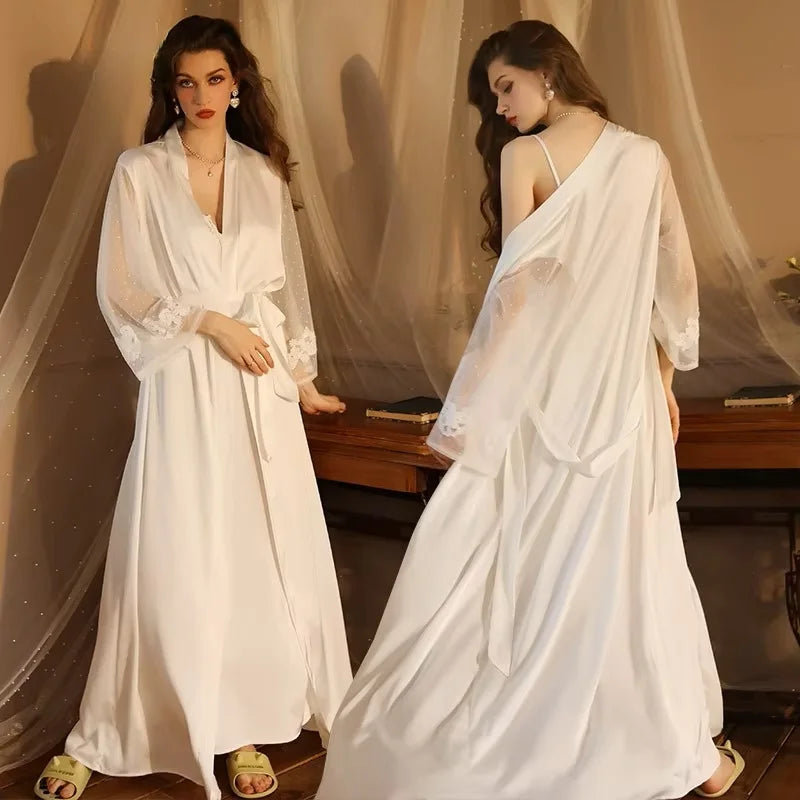 Women Lace Long Bathrobes Nightgown Kimono Robe Sleepwear Sexy Lingerie Nightwear Bride Wedding 2 Pcs Nightdress Robe Set
