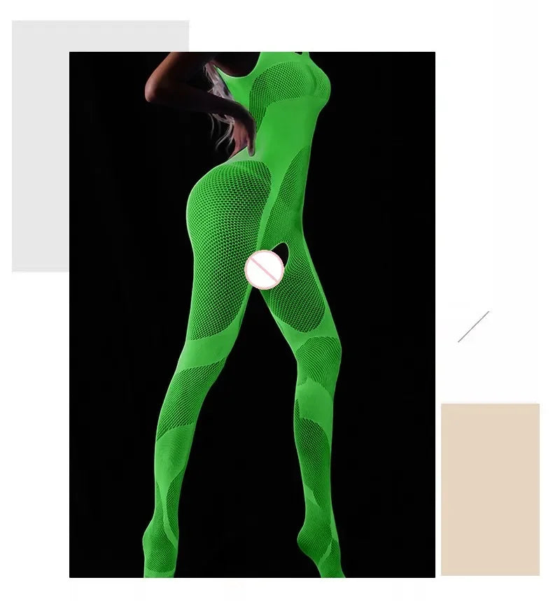 Sexy Hollow Out Luminous Bodysuit Sexy Lingerie See Through One-piece Luminous Suspenders Mesh Clothes Fishnet Socks Dress