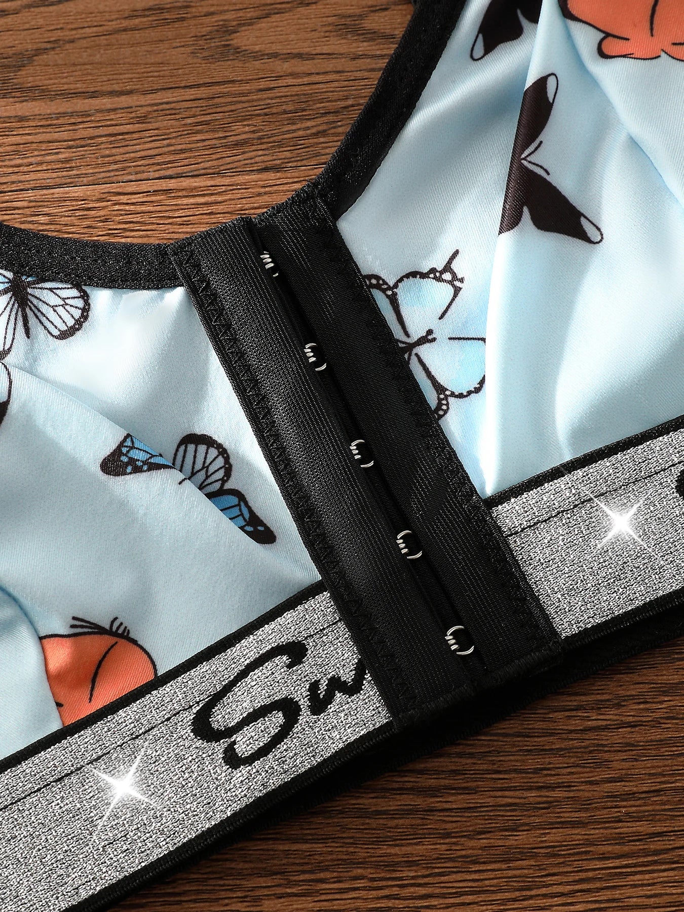 2-piece butterfly printed front buckle seamless bra without steel ring, wide shoulder straps, comfortable women's underwear