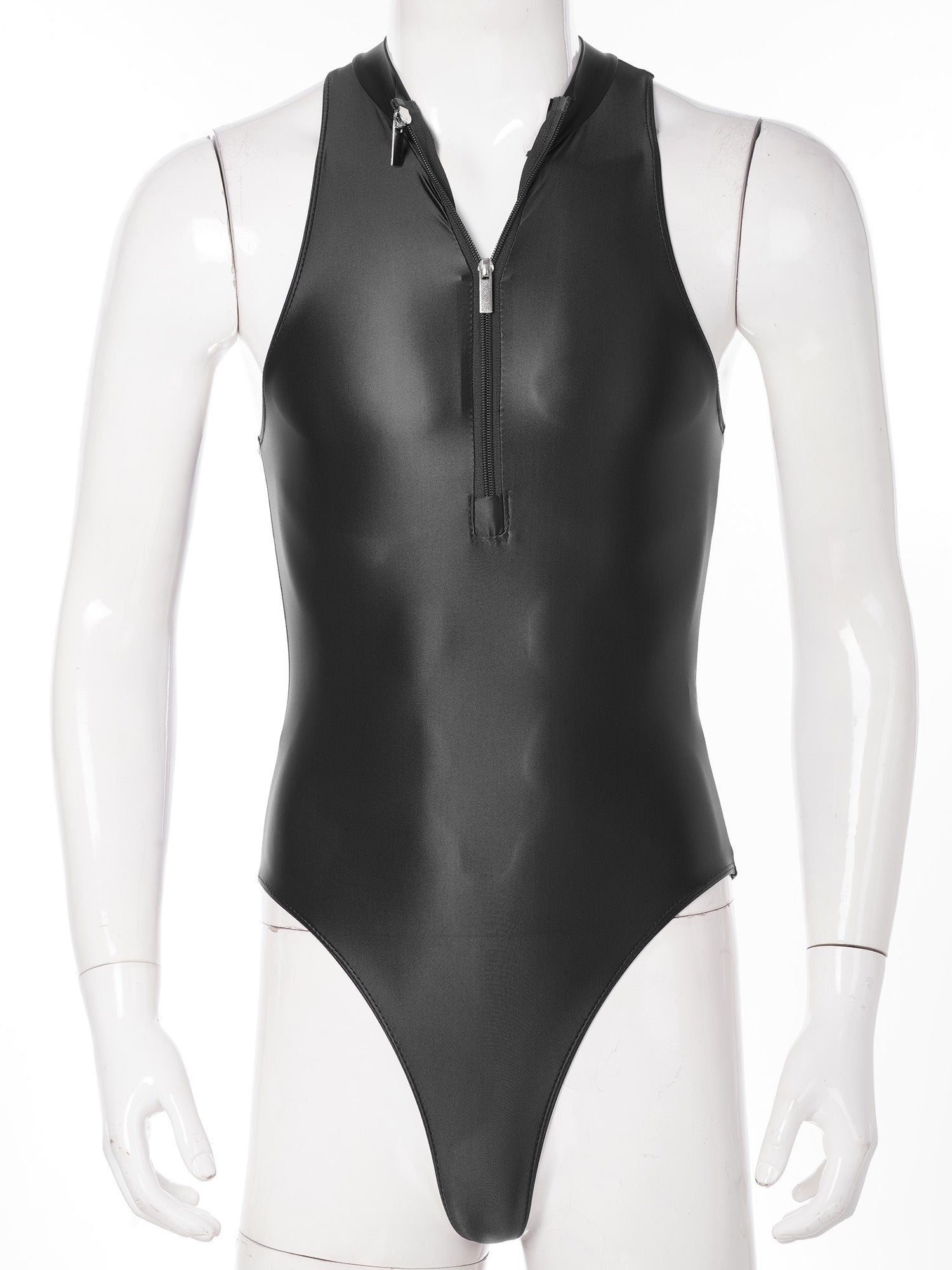 One-Piece Men's Swimsuit Glossy Sleeveless Bodysuit Swimwear Solid Color Front Leotard Hommes Bathing Suits Party Clubwear