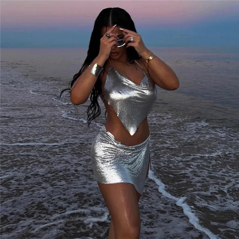 Sexy Metal Sequins 2 Piece Set Women Sleeveless Deep V Neck Backless Halter Tank Tops Split Mini Skirts Beach Party Outfits