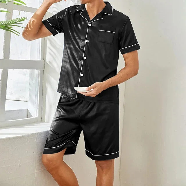 Plus Size Men's Pajama Set Faux Silk Lapel Cardigan Student Homewear Simple Short Sleeve Shorts Set Premium Feeling Solid Colour