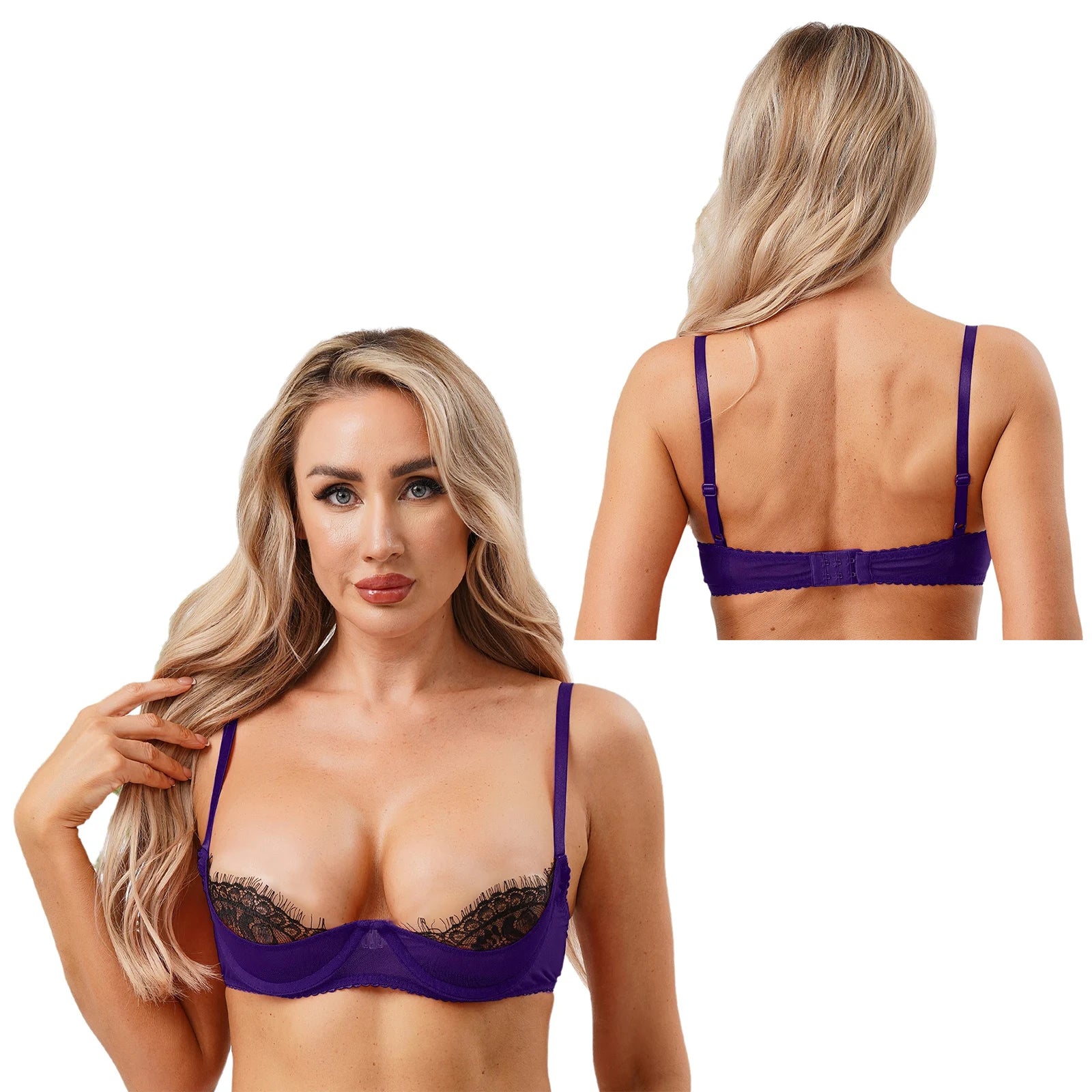 Womens See Through Bra Lingerie Eyelash Lace Trim 1/4 Cup Push-up Underwire Balconette Bralette Everyday Bra Underwear