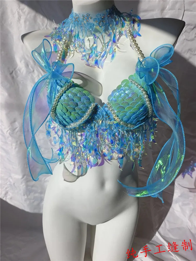 Super Beautiful Mermaid Bikini Sequin Bra Summer Swimming Free Diving Cosplay Mermaid Bra Oceanarium Bar Performance Clothing