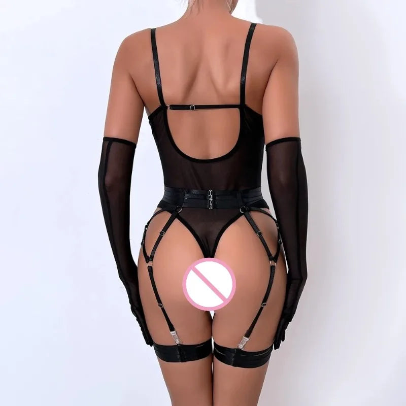 Sexy Sensual Lingerie Sets for Women See Through Mesh Lace Tight Bodysuit with Gloves Garter Exquisite Underwear Erotic Costumes