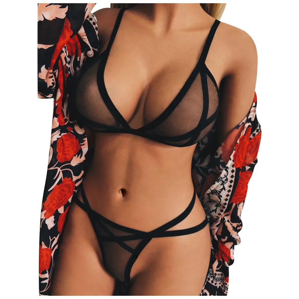 Women Sexy Lingerie Corset Solid Erotic Mesh Transparent Bra Panty Lingerie Underwear Set Lenceria Erotica Mujer Sexi Babydoll
