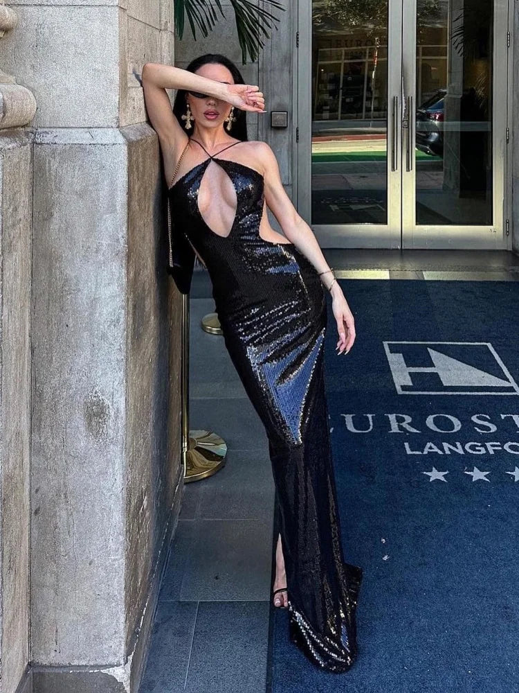 Sexy Sequin Halter Black Long Dress with Deep Plunge Cut-out – Summer New Backless Club Nights DJ Party Birthday Evening Dresses