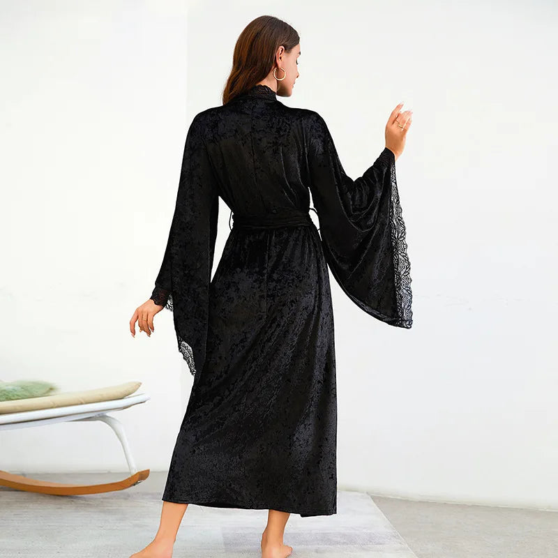 Lace Kimono Intimate Lingerie Velour Robe Women Long Nightgown Sleepwear Wedding Bride Party Gift Loungewear Nightwear