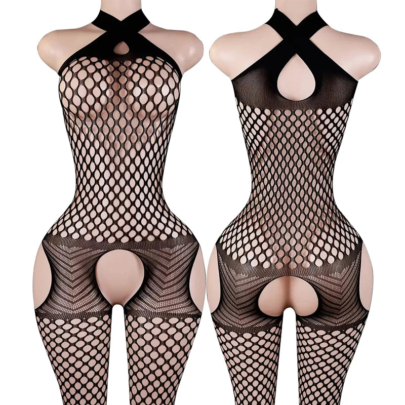 Porn Underwear Crotchless Babydolls Dress Erotic Costume Sexy Halter Neck Bodystockings Fishnet Hollow Baby Dolls Lingerie Women