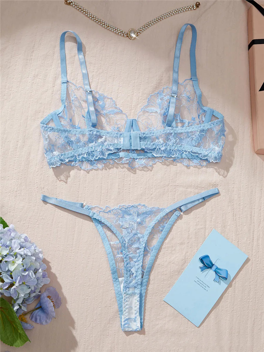 Sexy Lingerie Set Embroidery Romantic Bra Brief Set Transparent Underwear Thong New Fashion Lace See Through Blue Exotic Sets