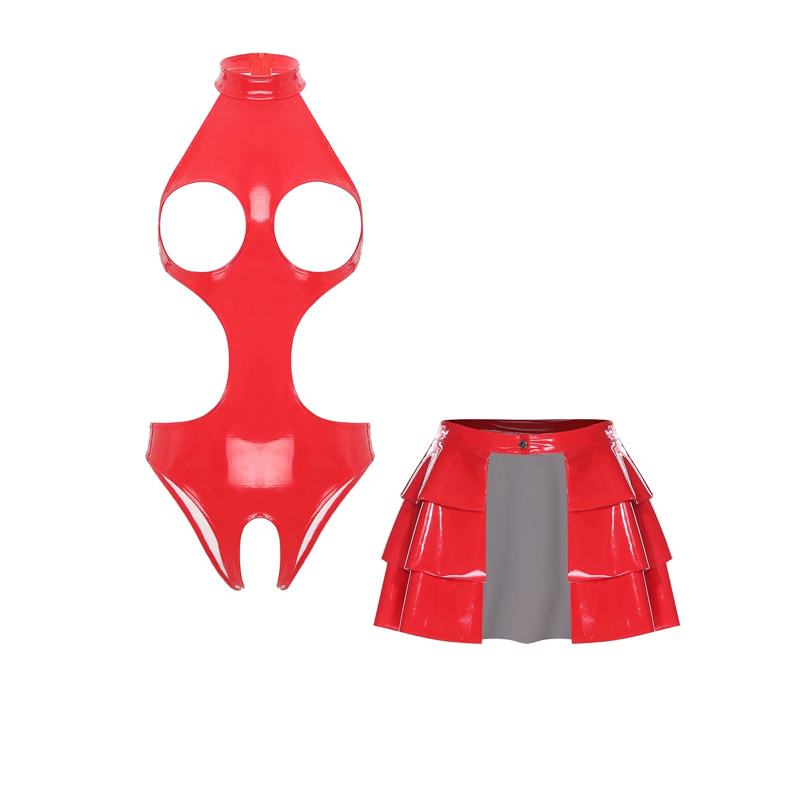 Womens Lingerie Set Bare Breast Open Crotch Bodysuit Ruffled Hem A-line Miniskirt with Wet Look Clubwear Pu Leather Rave Outfits