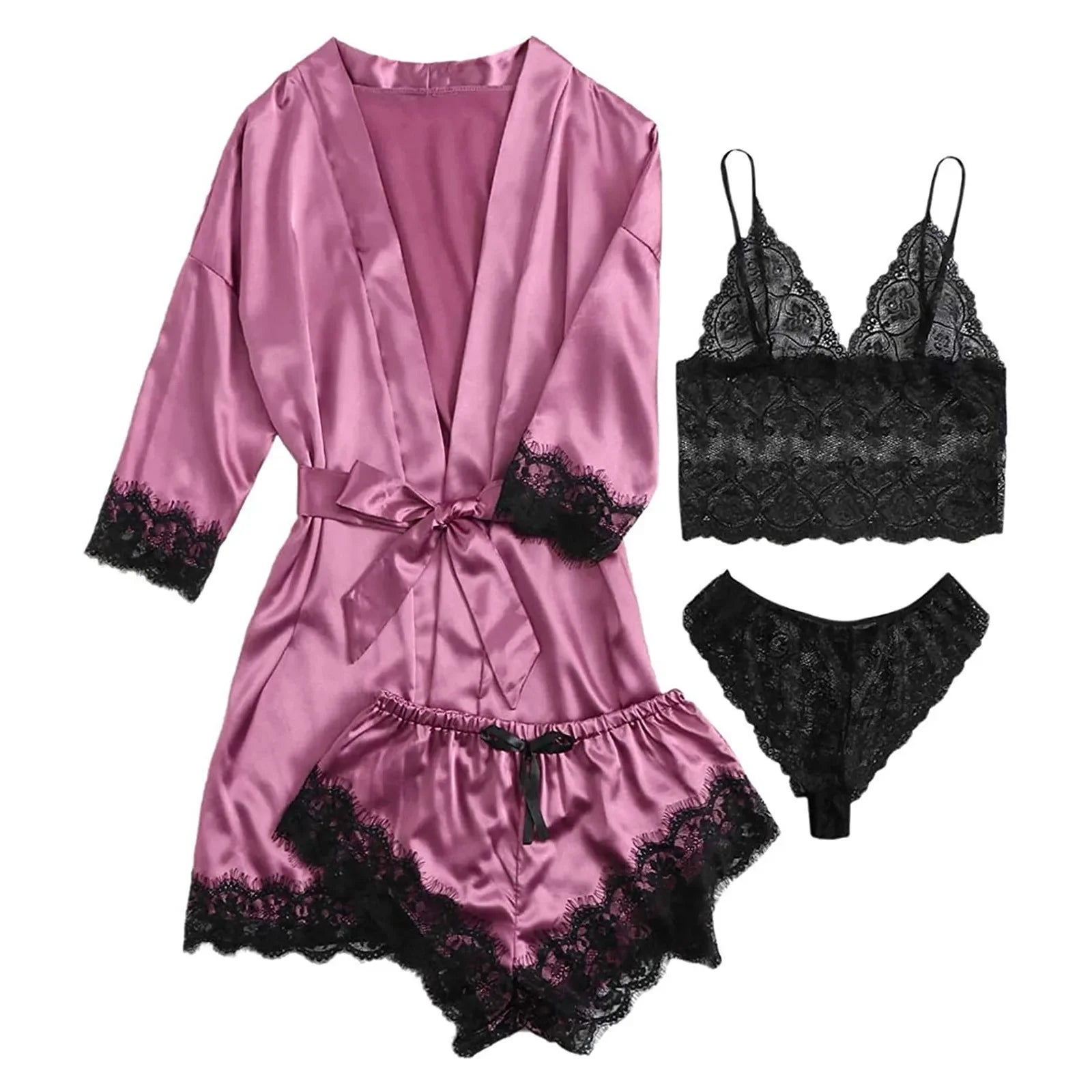 Spring and Autumn Women's Sexy High-quality Lace Camisole Pajamas Soft Comfortable Breathable and Comfortable 4-piece Set