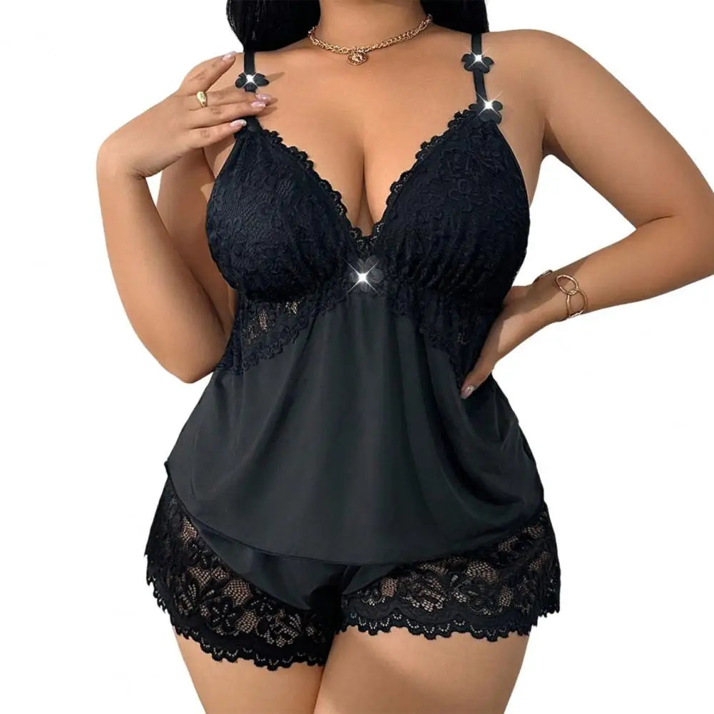 Women Plus Size Pajamas Set Sexy Lace Trim Cami Sleeveless Top And Shorts Nightwear Set Two-Piece Camisole Lounge Sleepwear Set