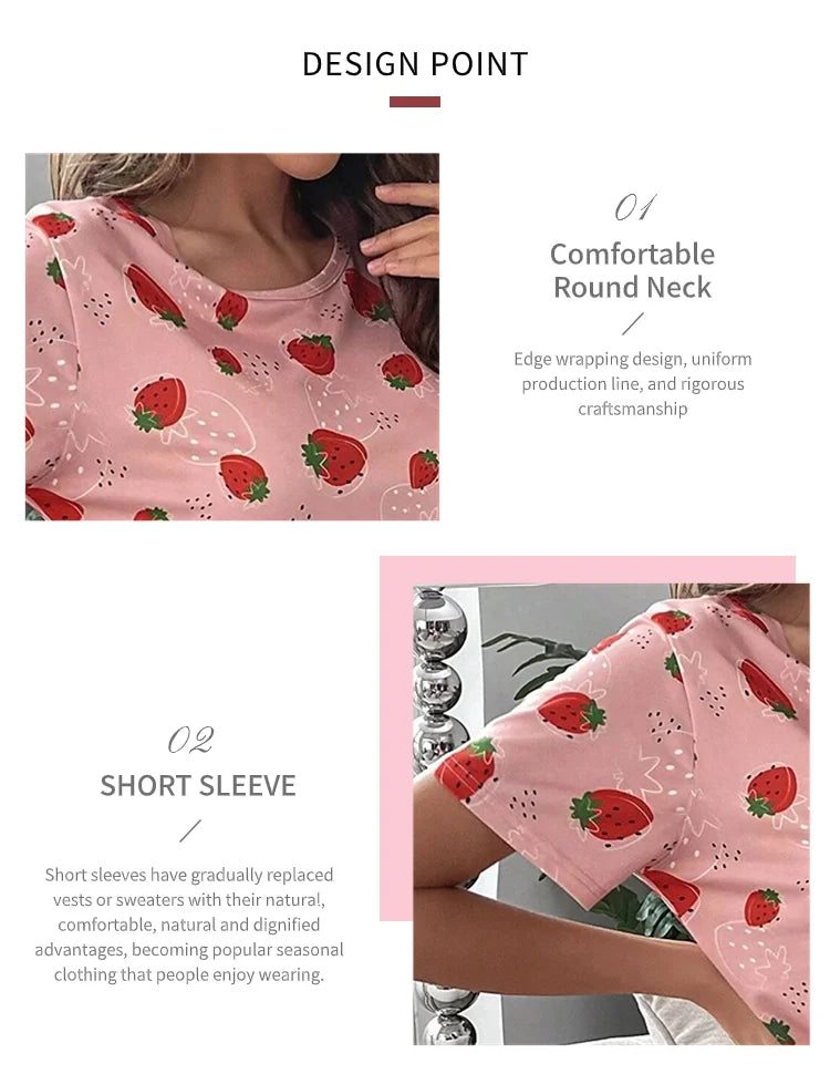 Pajamas Set for Women Breathable Cherry & flower Print Sleepwear Comfy Camisole Top and Shorts Pyjama Home Loungewear for Ladies