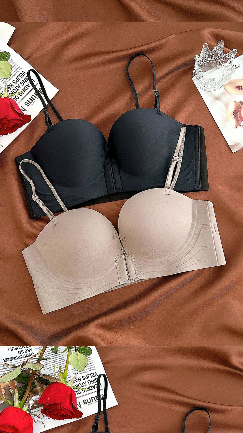 Front Closure Push Up Bras Women's Sexy Seamless Plunge No Steel Brassiere Thick Female Underwear Solid Color Invisible Lingerie