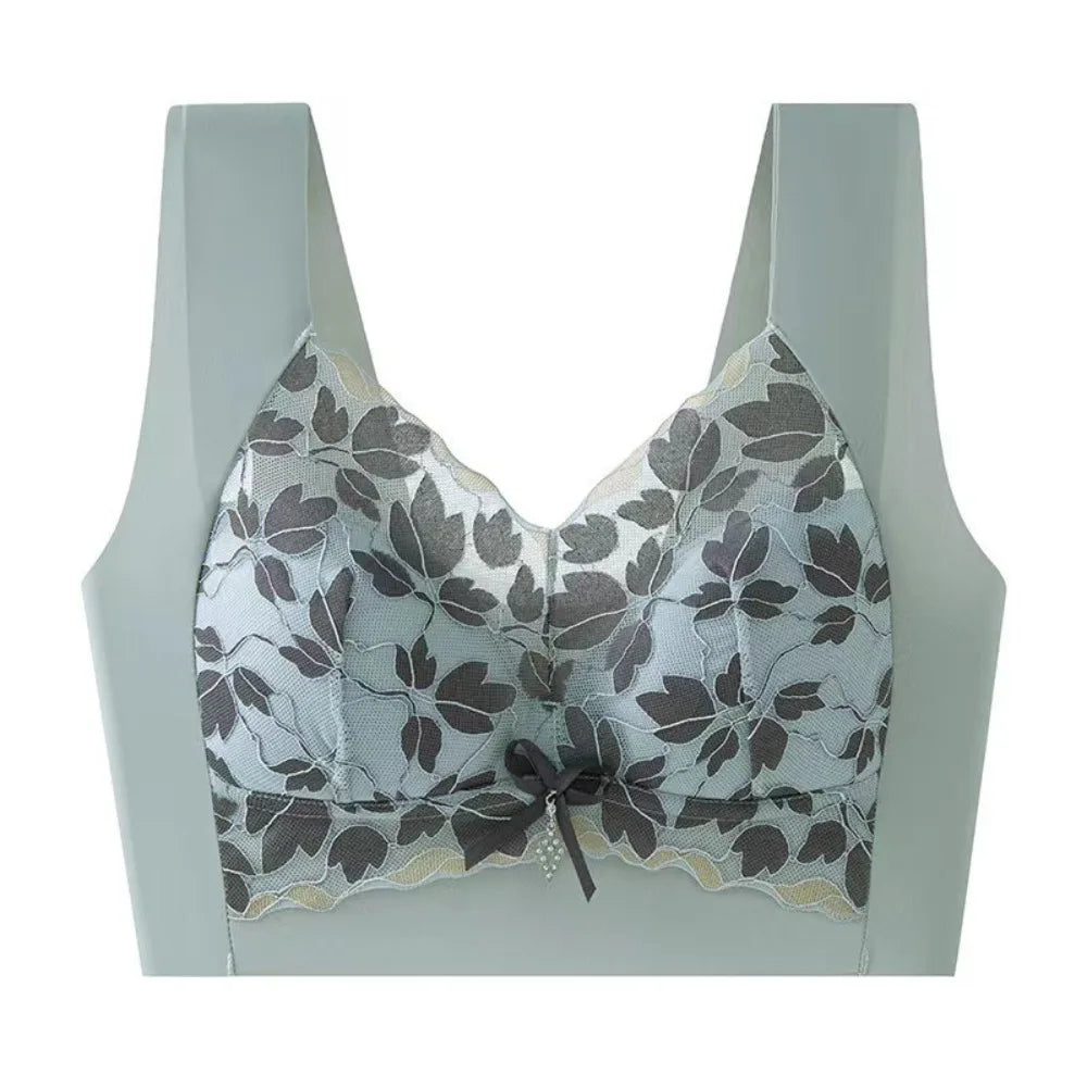 Breathable Leaf Lace Deep V Bras Zircon Bowknot Push Up Bras Big Cup Gathered Breasts Brassiere for Women Girls