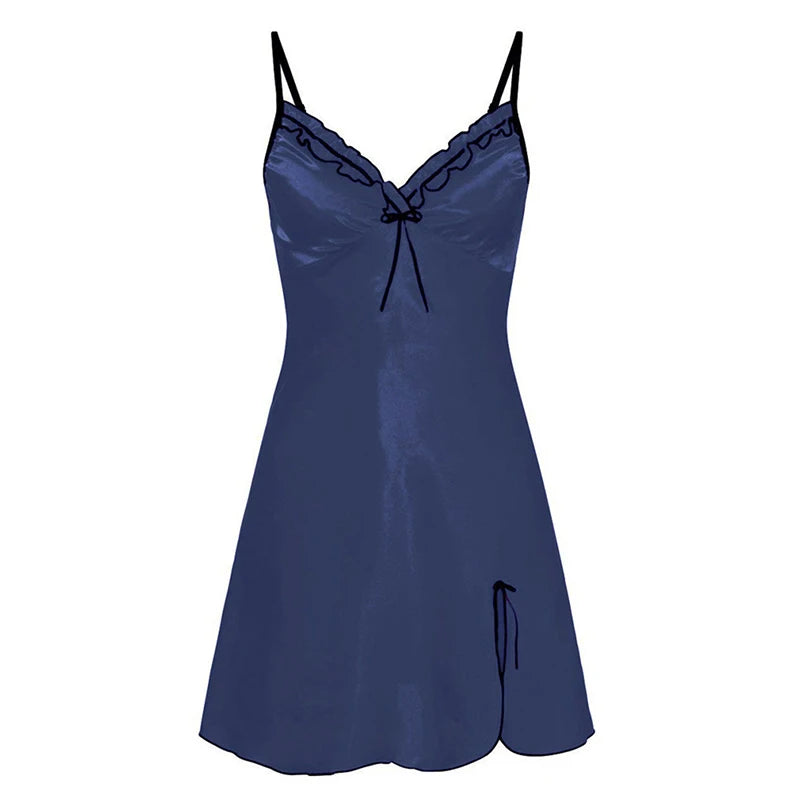 Women Sling Lace Sleepwear Female Sexy V Neck Nightdress Sexy Nightdress Lace-up Cutout Flower Silky Comfortable Sleepwear