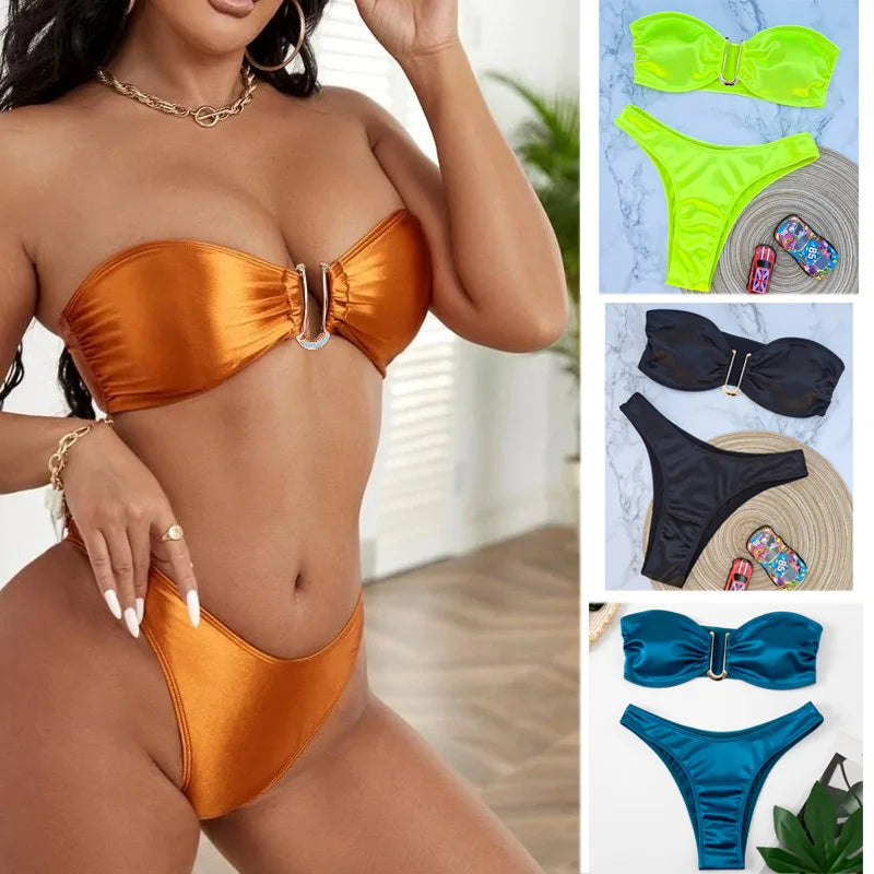 Sexy Women Bikini Brazilian Swimsuit Push-up Bra Bikini Set Two Piece Swim Suit Swimwear High-waisted Beachwear Solid Bathing