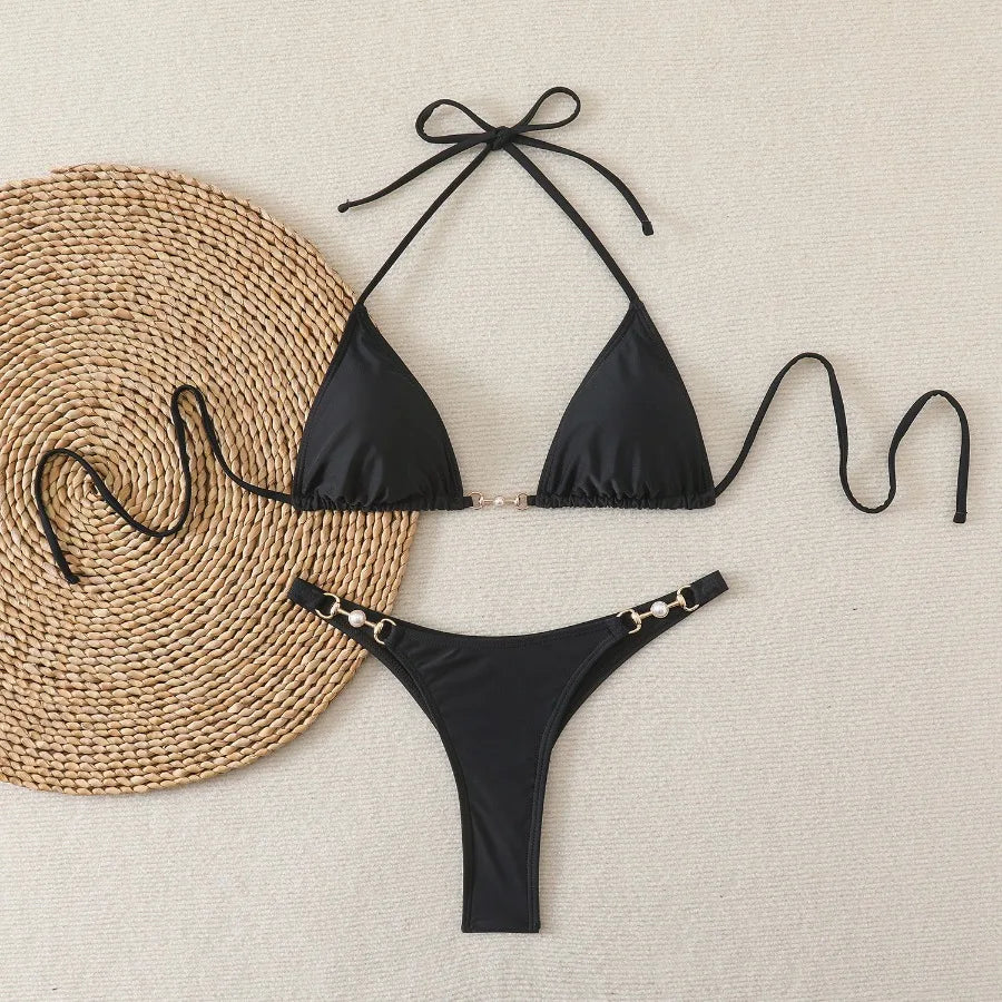 New Two-Piece Bikini Set Sexy Triangle Tie-Up Swimsuit Beach Vacation Swimwear Summer Trendy Top Bottom Beachwear Resort Outfit