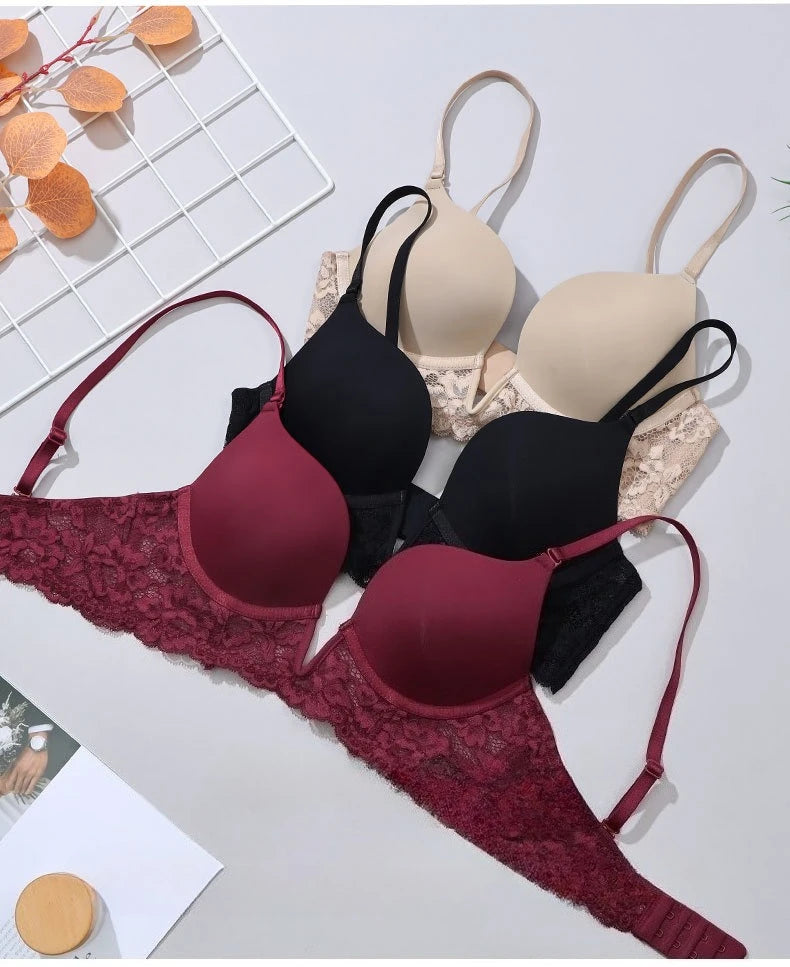 Women Padded Underwired  Push Up Lace Bras for Plunge Deep V Low Back Removable Strap Sexy Lingerie Brassiere Femme Underwear
