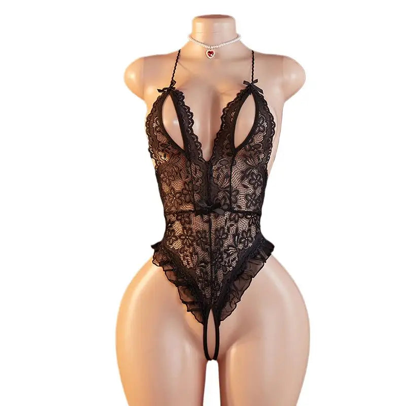 Sexually Corsets Women's Pajamas Open Crotch Sleepwear Sexy Deep V Corset Lingerie For Woman Perspective Lace Underwear Bodysuit
